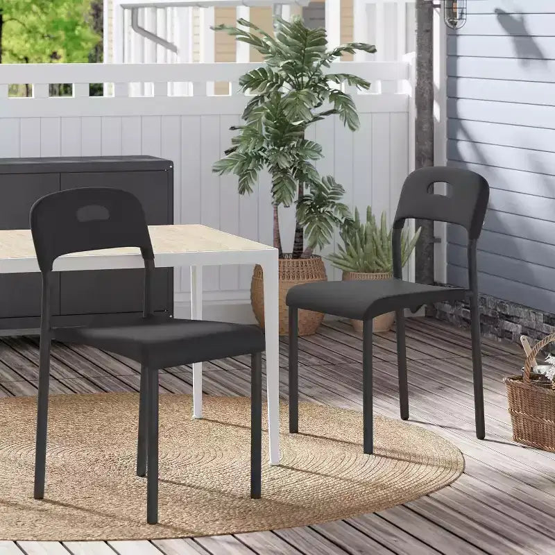 Outdoor Patio Dining Chairs Set of 2, Stackable Plastic Kitchen Chairs, Steel Legs Support, Waterproof & Stain-Resistant, Indoor and Outdoor