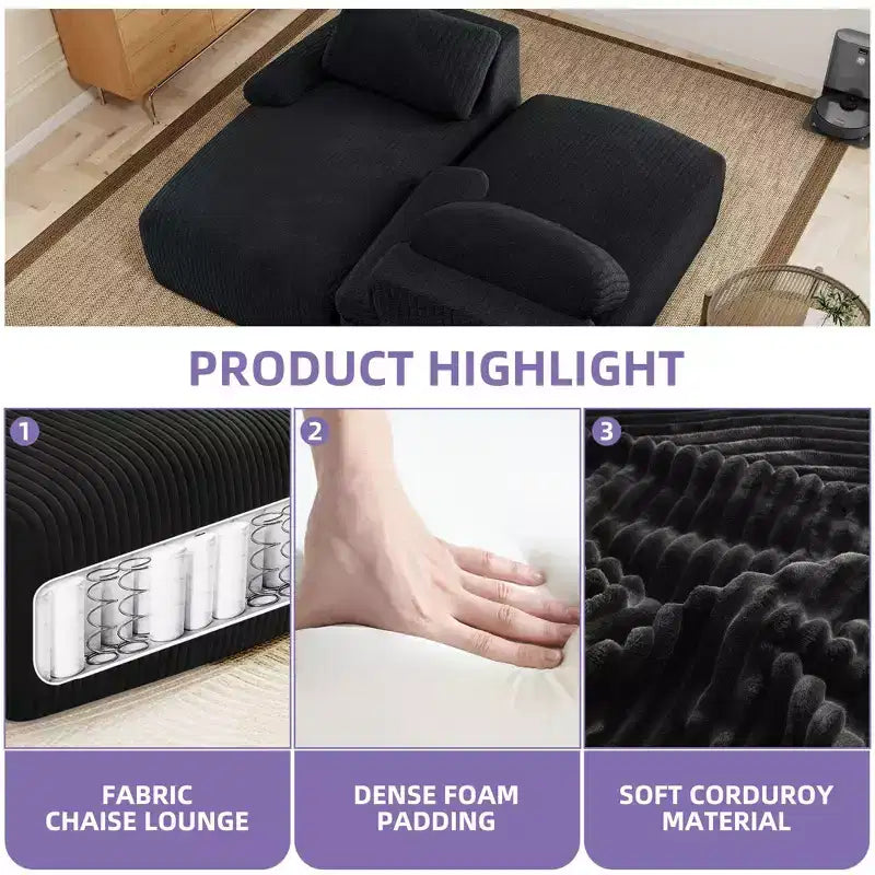 Canapé double méridienne surdimensionné 80 pouces en velours côtelé avec assise profonde et 2 oreillers, canapé-lit avec mousse haute densité