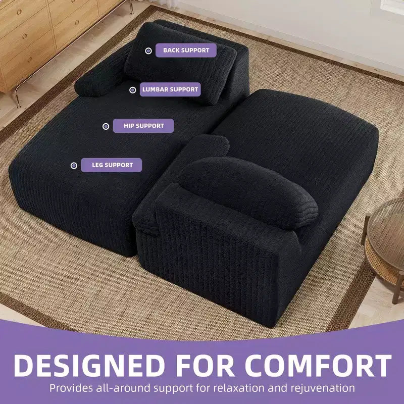 Canapé double méridienne surdimensionné 80 pouces en velours côtelé avec assise profonde et 2 oreillers, canapé-lit avec mousse haute densité