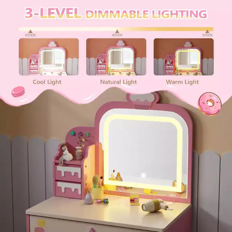 Coiffeuse et chaise JOYMOR pour enfants avec lumières, coiffeuse de maquillage pour filles avec 3 tiroirs, miroir LED et motif de friandises