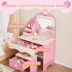 Coiffeuse et chaise JOYMOR pour enfants avec lumières, coiffeuse de maquillage pour filles avec 3 tiroirs, miroir LED et motif de friandises