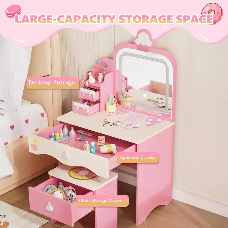 Coiffeuse et chaise JOYMOR pour enfants avec lumières, coiffeuse de maquillage pour filles avec 3 tiroirs, miroir LED et motif de friandises
