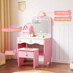 Coiffeuse et chaise JOYMOR pour enfants avec lumières, coiffeuse de maquillage pour filles avec 3 tiroirs, miroir LED et motif de friandises