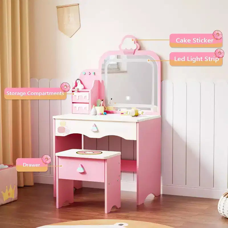 Coiffeuse et chaise JOYMOR pour enfants avec lumières, coiffeuse de maquillage pour filles avec 3 tiroirs, miroir LED et motif de friandises
