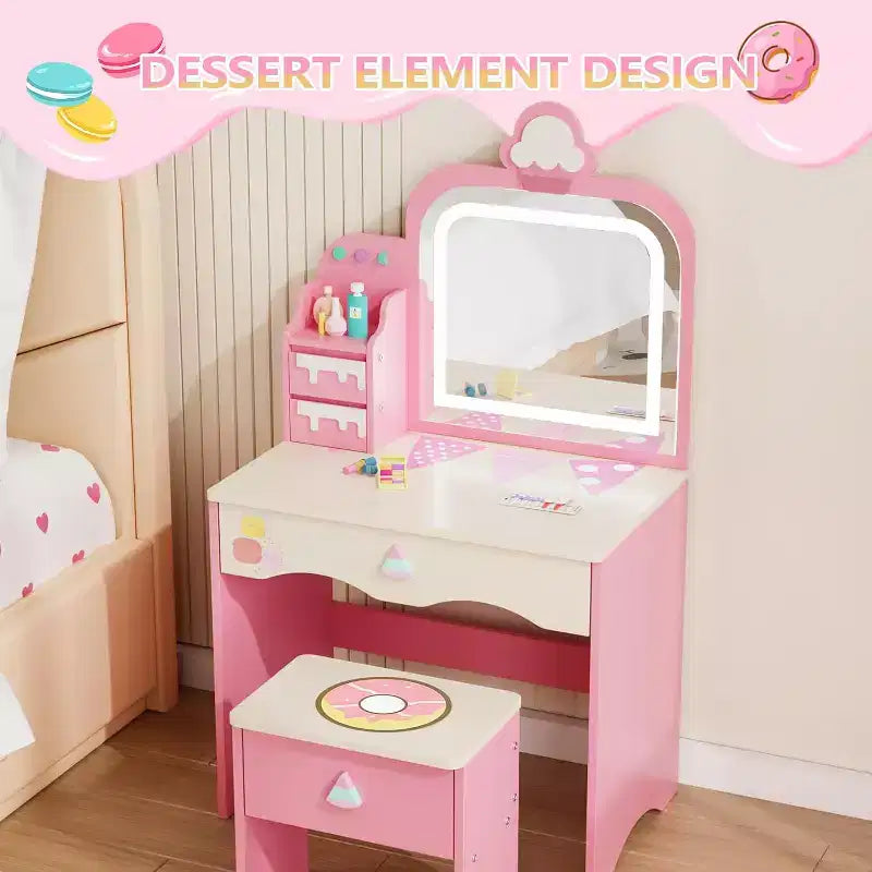 Coiffeuse et chaise JOYMOR pour enfants avec lumières, coiffeuse de maquillage pour filles avec 3 tiroirs, miroir LED et motif de friandises