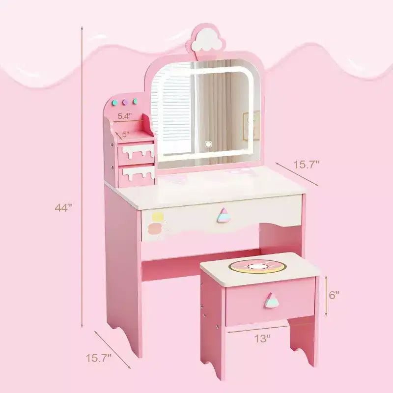 Coiffeuse et chaise JOYMOR pour enfants avec lumières, coiffeuse de maquillage pour filles avec 3 tiroirs, miroir LED et motif de friandises