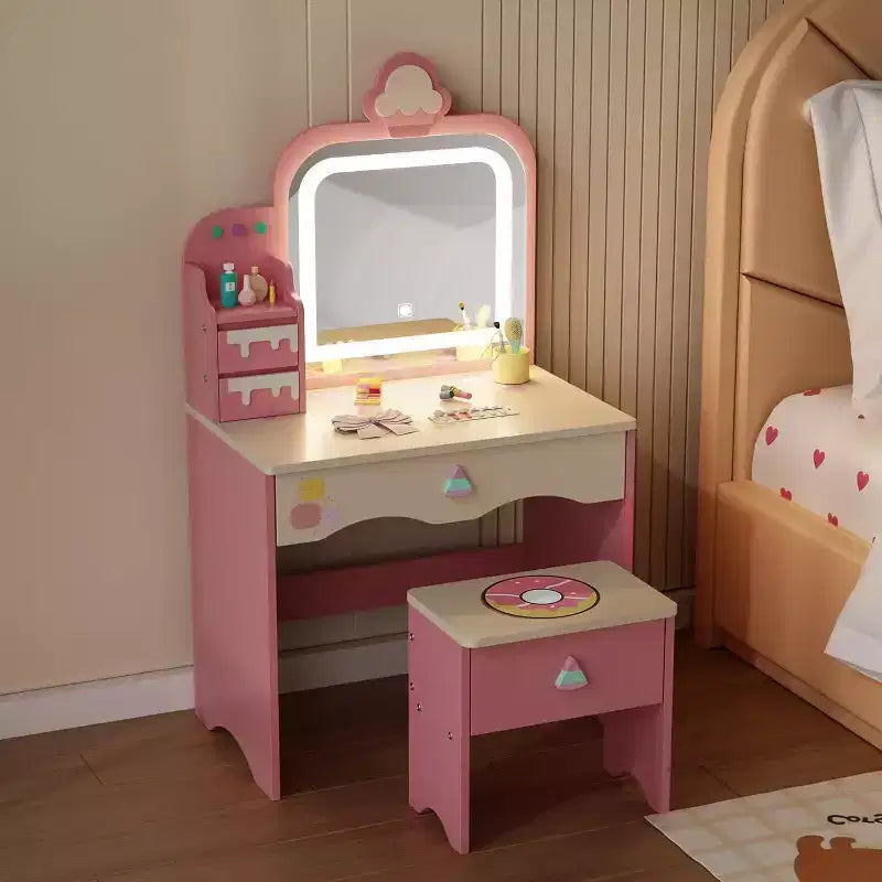 JOYMOR Kids Vanity Table and Chair Set with Lights ,Girls Makeup Vanity with 3 Drawers, LED Mirror & Sweet Treats Design