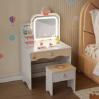 Coiffeuse et chaise JOYMOR pour enfants avec lumières, coiffeuse de maquillage pour filles avec 3 tiroirs, miroir LED et motif de friandises