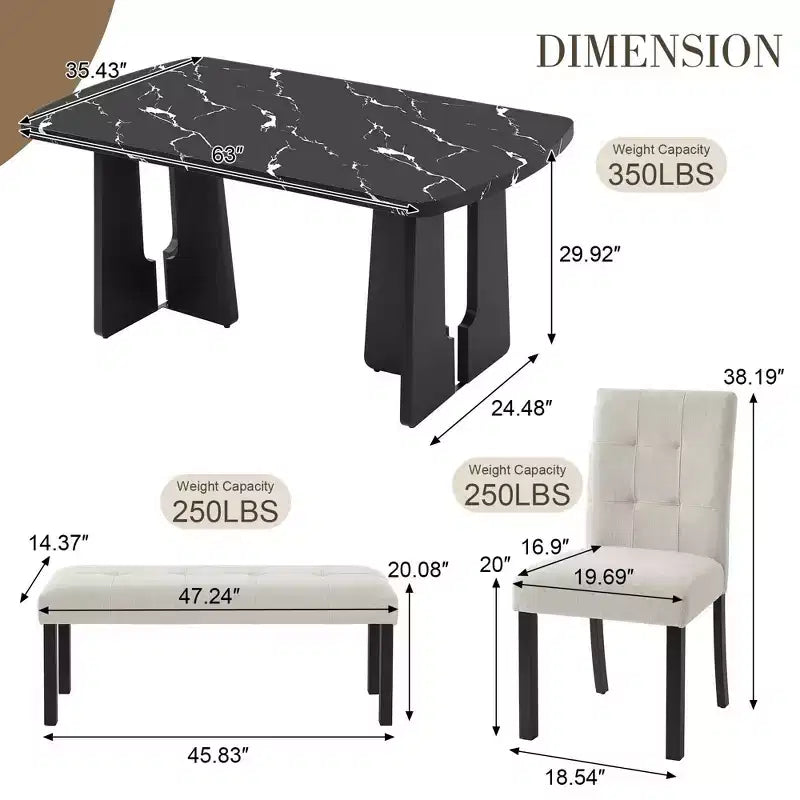 Ensemble de salle à manger moderne MAYEERTY 6 pièces, table effet marbre 160 cm, 4 chaises et banc