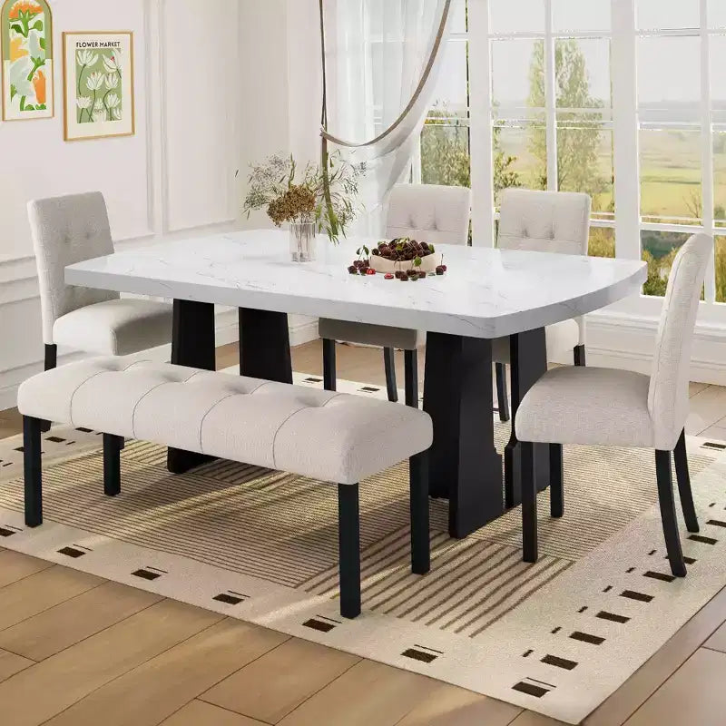 Ensemble de salle à manger moderne MAYEERTY 6 pièces, table effet marbre 160 cm, 4 chaises et banc