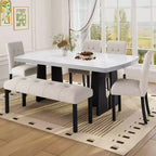 Ensemble de salle à manger moderne MAYEERTY 6 pièces, table effet marbre 160 cm, 4 chaises et banc