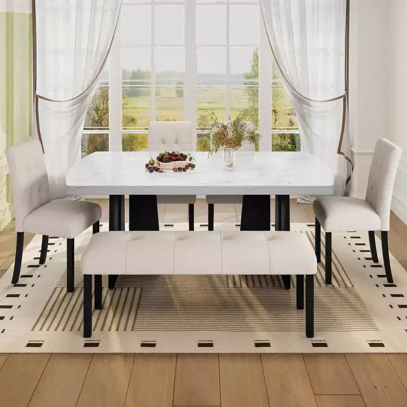 Ensemble de salle à manger moderne MAYEERTY 6 pièces, table effet marbre 160 cm, 4 chaises et banc