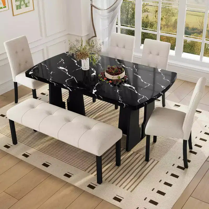 Ensemble de salle à manger moderne MAYEERTY 6 pièces, table effet marbre 160 cm, 4 chaises et banc