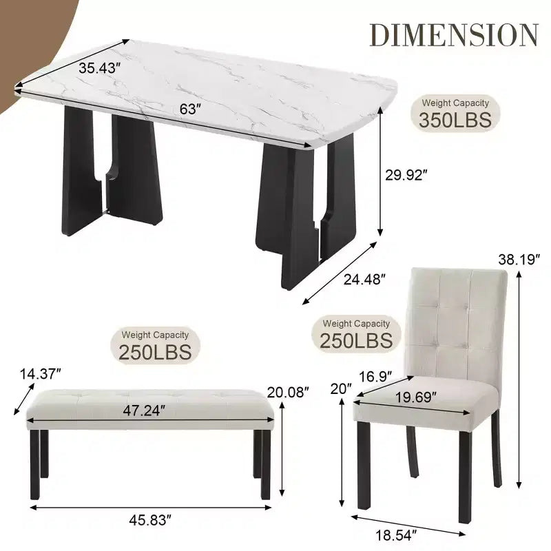 Ensemble de salle à manger moderne MAYEERTY 6 pièces, table effet marbre 160 cm, 4 chaises et banc