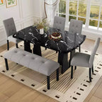 Ensemble de salle à manger moderne MAYEERTY 6 pièces, table effet marbre 160 cm, 4 chaises et banc