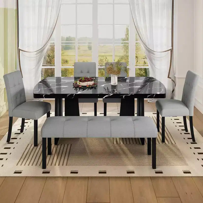 Ensemble de salle à manger moderne MAYEERTY 6 pièces, table effet marbre 160 cm, 4 chaises et banc