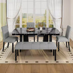 Ensemble de salle à manger moderne MAYEERTY 6 pièces, table effet marbre 160 cm, 4 chaises et banc