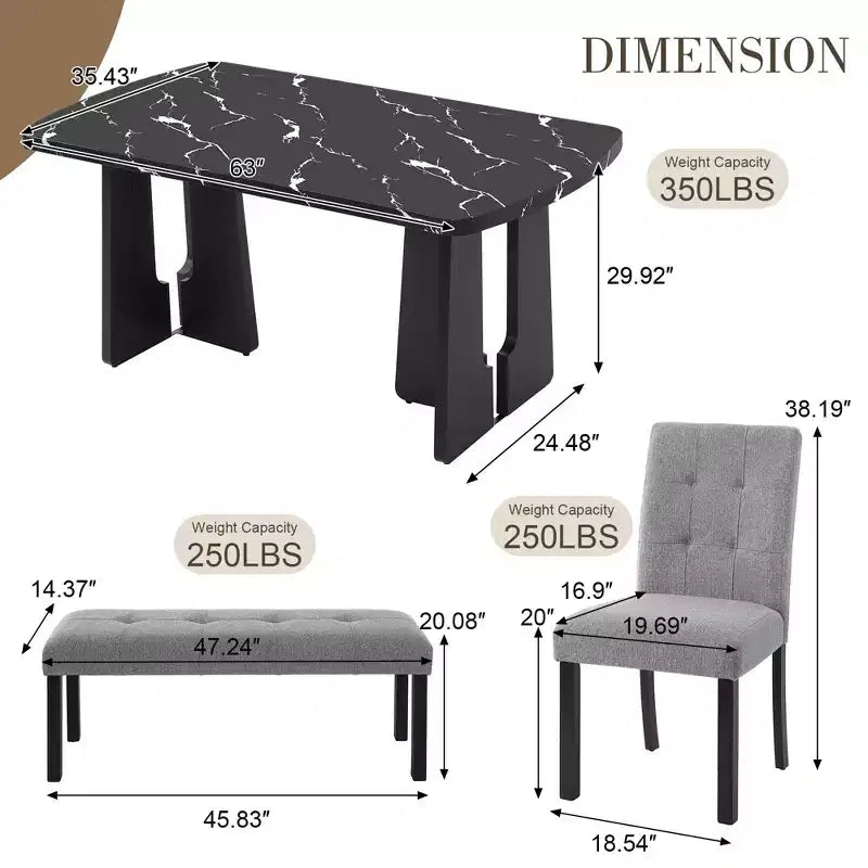 Ensemble de salle à manger moderne MAYEERTY 6 pièces, table effet marbre 160 cm, 4 chaises et banc