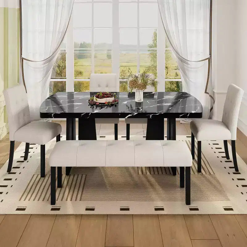 Ensemble de salle à manger moderne MAYEERTY 6 pièces, table effet marbre 160 cm, 4 chaises et banc