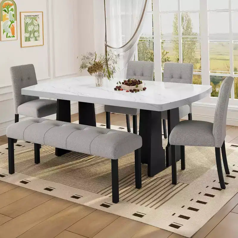 Ensemble de salle à manger moderne MAYEERTY 6 pièces, table effet marbre 160 cm, 4 chaises et banc