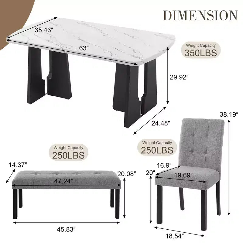 Ensemble de salle à manger moderne MAYEERTY 6 pièces, table effet marbre 160 cm, 4 chaises et banc