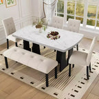 Ensemble de salle à manger moderne MAYEERTY 6 pièces, table effet marbre 160 cm, 4 chaises et banc