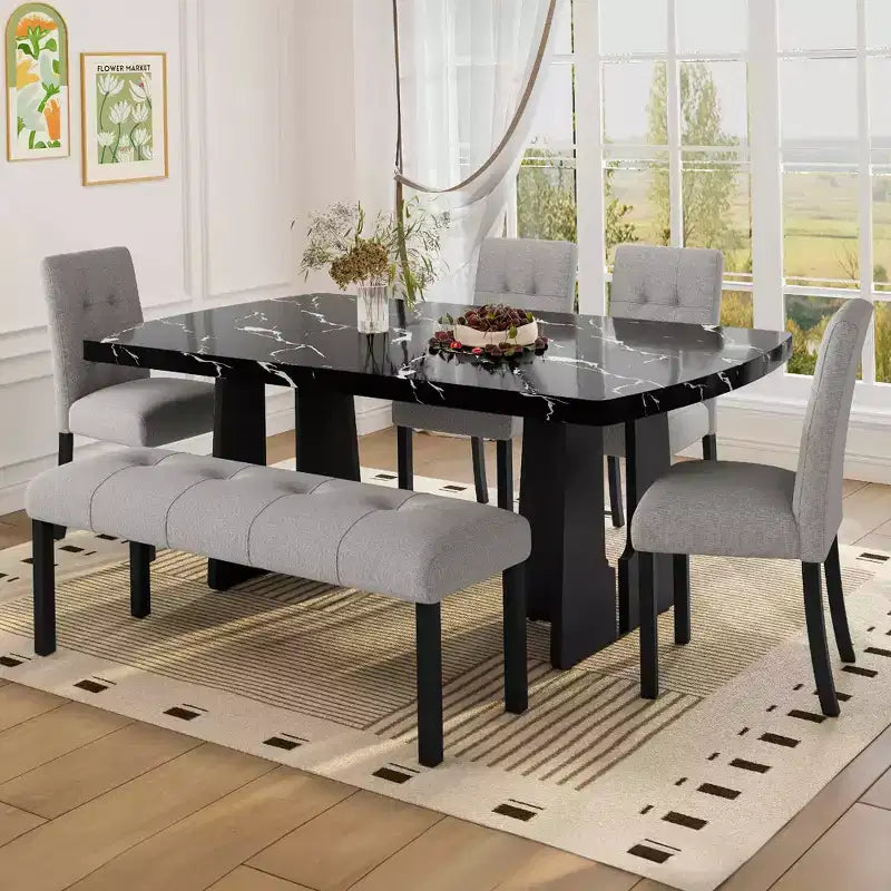 Ensemble de salle à manger moderne MAYEERTY 6 pièces, table effet marbre 160 cm, 4 chaises et banc