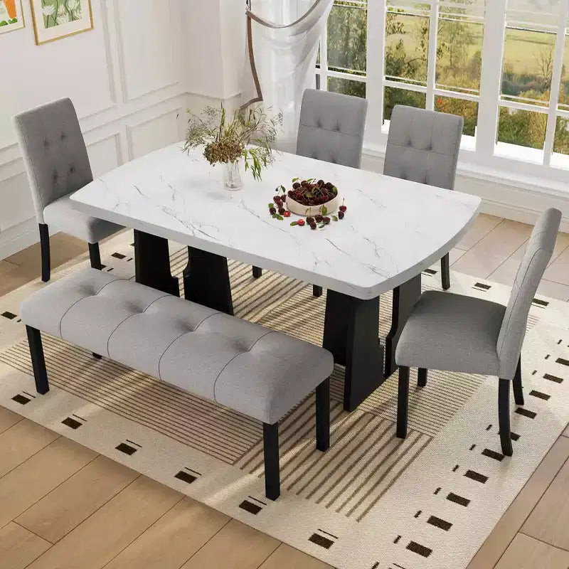 Ensemble de salle à manger moderne MAYEERTY 6 pièces, table effet marbre 160 cm, 4 chaises et banc