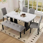 Ensemble de salle à manger moderne MAYEERTY 6 pièces, table effet marbre 160 cm, 4 chaises et banc