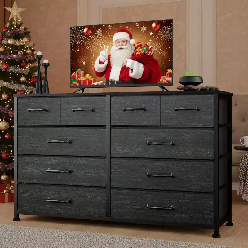 10 Drawer Fabric Dresser Black Wide Storage Chest for 50 inch TV Stand Entertainment Center for Bedroom Living Room Hallway and Entryway
