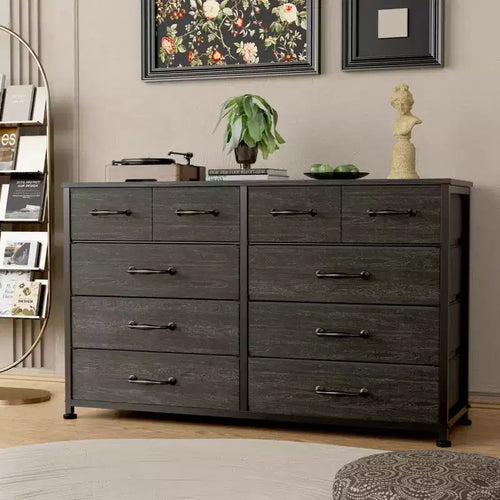Commode en Tissu à 10 Tiroirs, Meuble de Rangement Noir Large pour Téléviseur de 50 Pouces, Meuble TV pour Chambre, Salon, Couloir et Entrée