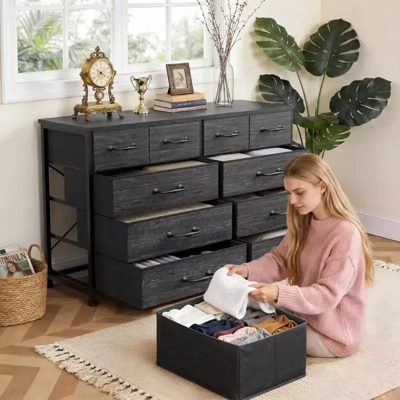 Commode en Tissu à 10 Tiroirs, Meuble de Rangement Noir Large pour Téléviseur de 50 Pouces, Meuble TV pour Chambre, Salon, Couloir et Entrée