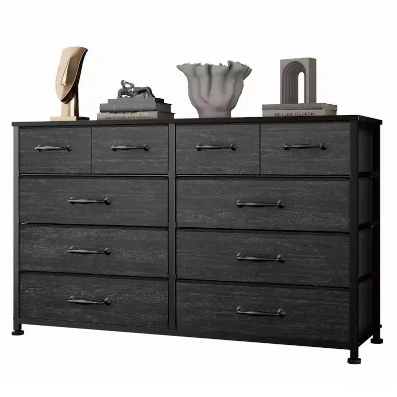 Commode en Tissu à 10 Tiroirs, Meuble de Rangement Noir Large pour Téléviseur de 50 Pouces, Meuble TV pour Chambre, Salon, Couloir et Entrée