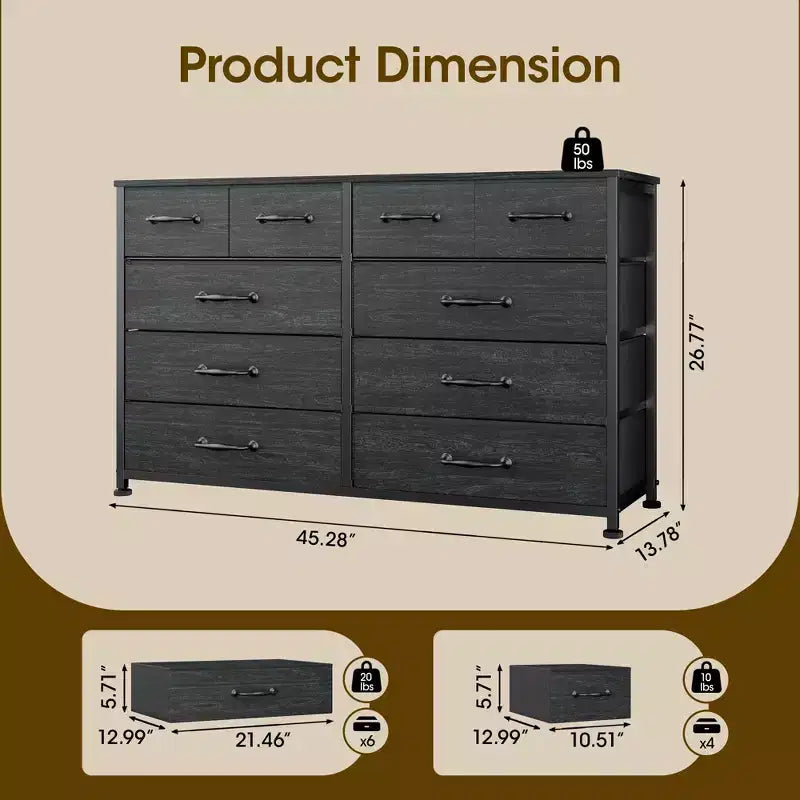 Commode en Tissu à 10 Tiroirs, Meuble de Rangement Noir Large pour Téléviseur de 50 Pouces, Meuble TV pour Chambre, Salon, Couloir et Entrée