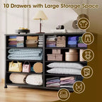 Commode en Tissu à 10 Tiroirs, Meuble de Rangement Noir Large pour Téléviseur de 50 Pouces, Meuble TV pour Chambre, Salon, Couloir et Entrée