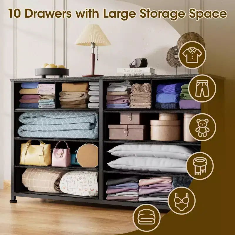 Commode en Tissu à 10 Tiroirs, Meuble de Rangement Noir Large pour Téléviseur de 50 Pouces, Meuble TV pour Chambre, Salon, Couloir et Entrée