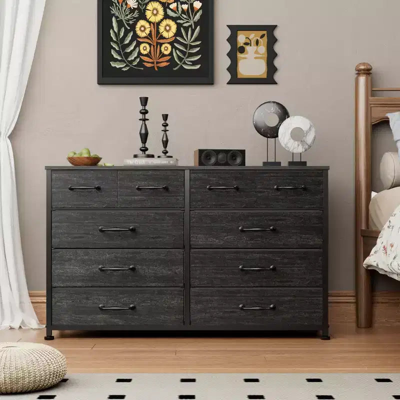 Commode en Tissu à 10 Tiroirs, Meuble de Rangement Noir Large pour Téléviseur de 50 Pouces, Meuble TV pour Chambre, Salon, Couloir et Entrée