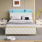 King Size Bed Frame with Charging Station,Upholstered Headboard and Footboard,Platform Bed Frame King with Storage Headboard,Metal Slat Support,Beige