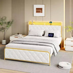 Cadre de lit King Size avec station de recharge, tête de lit et pied de lit rembourrés, cadre de lit plateforme King avec tête de lit de rangement, support à lattes métalliques, beige