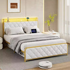 Cadre de lit King Size avec station de recharge, tête de lit et pied de lit rembourrés, cadre de lit plateforme King avec tête de lit de rangement, support à lattes métalliques, beige