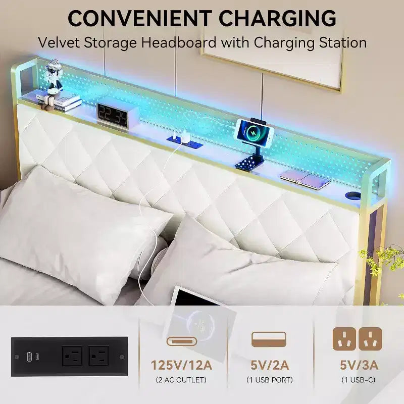 Cadre de lit King Size avec station de recharge, tête de lit et pied de lit rembourrés, cadre de lit plateforme King avec tête de lit de rangement, support à lattes métalliques, beige