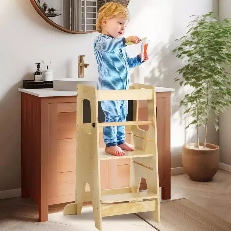Tabouret de cuisine en bois pour enfants avec tableau noir et barrières de sécurité | Aide à l'apprentissage Montessori réglable pour tout-petits, utilisation salle de bain et cuisine, naturel