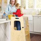 Tabouret de cuisine en bois pour enfants avec tableau noir et barrières de sécurité | Aide à l'apprentissage Montessori réglable pour tout-petits, utilisation salle de bain et cuisine, naturel