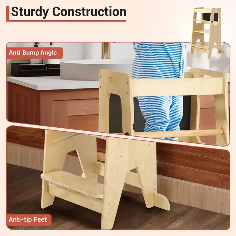 Tabouret de cuisine en bois pour enfants avec tableau noir et barrières de sécurité | Aide à l'apprentissage Montessori réglable pour tout-petits, utilisation salle de bain et cuisine, naturel