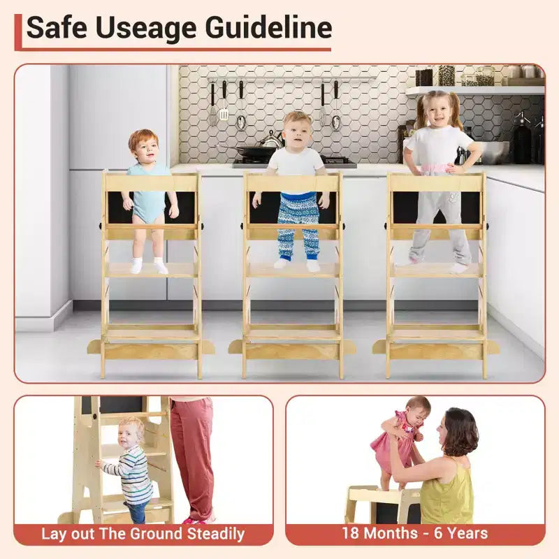 Tabouret de cuisine en bois pour enfants avec tableau noir et barrières de sécurité | Aide à l'apprentissage Montessori réglable pour tout-petits, utilisation salle de bain et cuisine, naturel