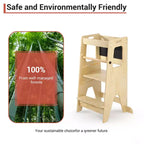 Tabouret de cuisine en bois pour enfants avec tableau noir et barrières de sécurité | Aide à l'apprentissage Montessori réglable pour tout-petits, utilisation salle de bain et cuisine, naturel