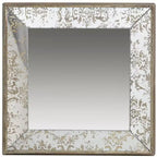 24 x 24 Inch Antique Silver Square Wall Mirror with Floral Accents