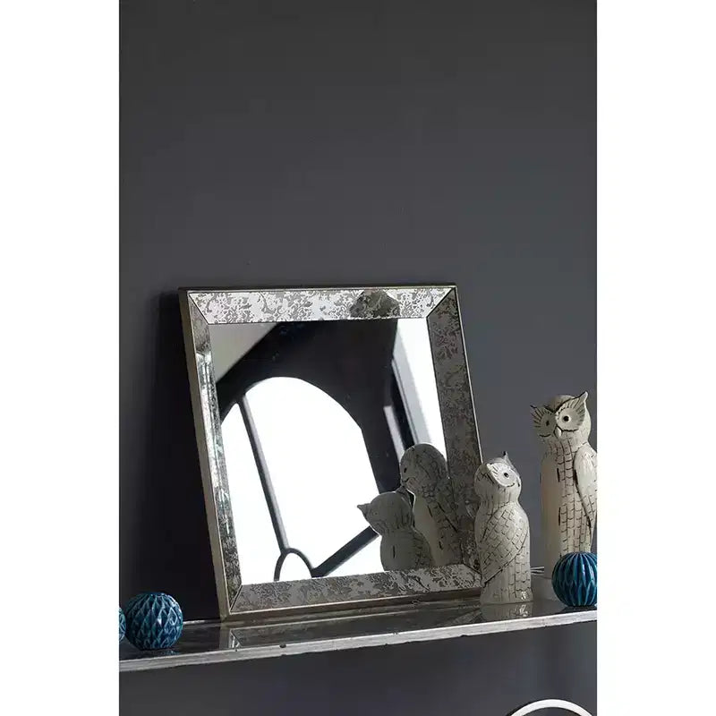 Miroir Mural Carré Argent Antique 60x60 cm avec Accents Floraux