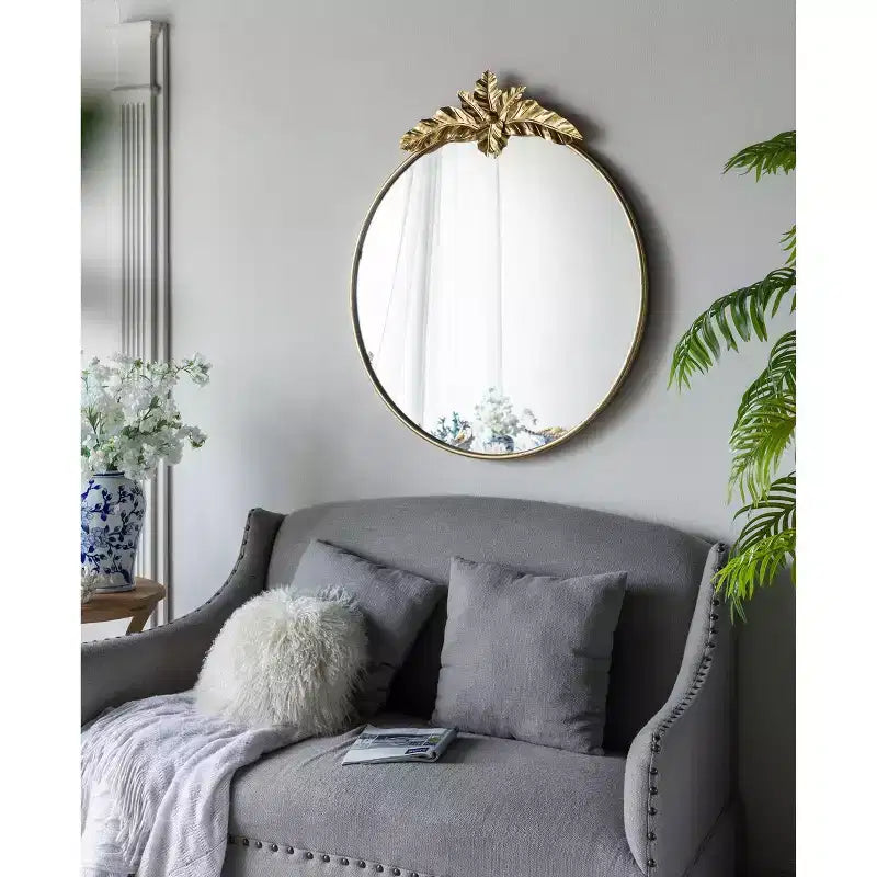 Grand miroir mural rond de 36 x 41 pouces avec cadre en métal doré