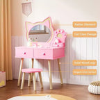 JOYMOR Coiffeuse Enfant avec Adorable Miroir Chat, 7 Pièces Maquillage de Jeu et Table de Princesse